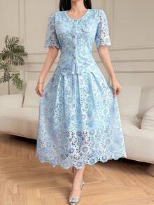 DAZY Women's Elegant Floral Lace Round Neck Pocket Shirt & Skirt 2 Pieces Set, Summer - Blue - View 6
