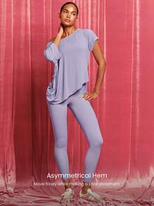 GLOWMODE Modal Silky Smooth Asymmetrical Hem Off-Shoulder 3/4 Sleeve Active Tee T-Shirt Daily Casual Wear - Purple - View 4