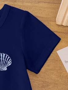 少女休闲时尚创意印花短袖T恤和骑行短裤套装，包含花卉、贝壳、海星、蝴蝶结图案，舒适百搭，适合春、夏、秋季穿着。 - 彩色 - 查看 4