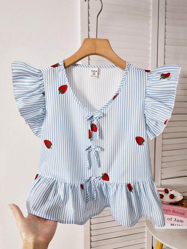 ChillGRL Tween Girls Casual Comfortable Round Neck Sleeveless Strawberry Print Tie Bow Ruffle Hem Blouse, Suitable For Spring/Summer