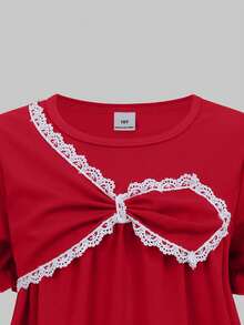 SHEIN ChillGRL Streecool Tween Girl Girls' Fashionable Versatile Cute Puff Sleeve Round Neck Doll Dress, Red One-Piece Dress, Round Neck Front Splice Design Pullover Dress, Suitable For Daily Outings, Birthday Parties - Red - View 7