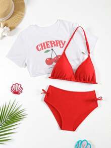 SHEIN Sparklyn 新款時尚青少年女孩純色拼接印花3件式泳衣套裝 - 紅色 - 查看 3