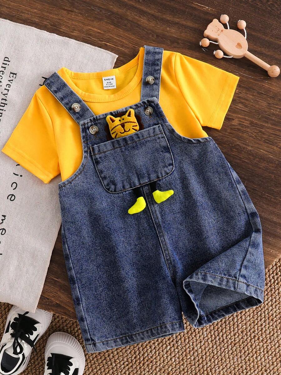 SHEIN 2pcs/Set Cute Lion Design Unisex Baby Boy/Girl Denim Bib Shorts Romper And Yellow Short Sleeve Knit T-Shirt Outfit, Spring/Summer - Yellow - View 1