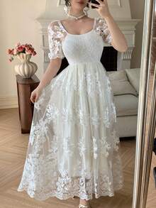 DAZY 女士优雅蕾丝拼接长裙，夏季婚礼宾客礼服，女士连衣裙/吊带裙 - 米色 - 查看 8