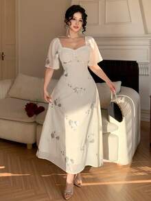 DAZY Vestido de verano de mujer con cuello cuadrado, mangas con volantes y decoración de lentejuelas florales elegantes - Albaricoque - Ver 4