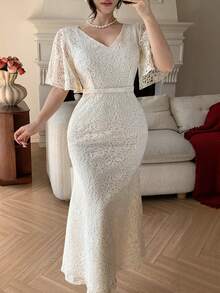 DAZY Đầm đuôi cá ren cổ chữ V tay bồng thanh lịch dành cho nữ, đầm mùa hè, đầm dự tiệc cưới, đầm hè cho nữ. - Màu be - Xem 3