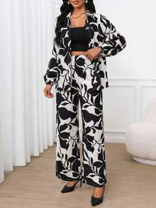SHEIN Lady 2pcs Women Casual All-Over Print Long Sleeve Shirt And Pants Set - Black and White - View 6