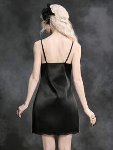 ROMWE Váy ngắn nữ bằng satin ren hình thiên thần Gothic, thánh giá, lâu đài, nhà thờ, gai nhọn, rune mạng, trái tim, ren. - màu đen - Xem 3
