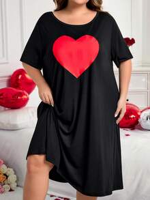 SHEIN CURVE+ 加大码/情人节/大码舒适弹力长袖短袖黑色休闲连衣裙，夏季百搭 - 黑色 - 查看 7