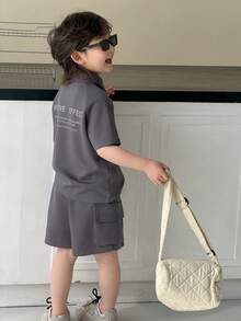 DAZY Kleine Jungen Sommer Lässig Kurzarm T-Shirt und Cargo Shorts Set - Dunkelgrau - Übersicht 4
