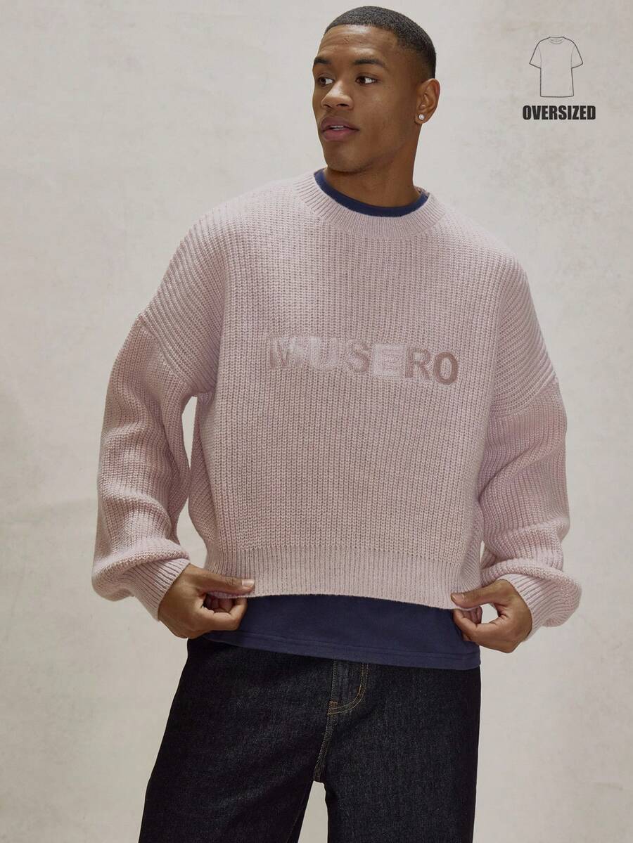 Musero Suéter de punto de cuello redondo de manga larga y hombros caídos, con bordado de marca, esencial para capas en primavera y verano - Rosa vieja - Ver 1