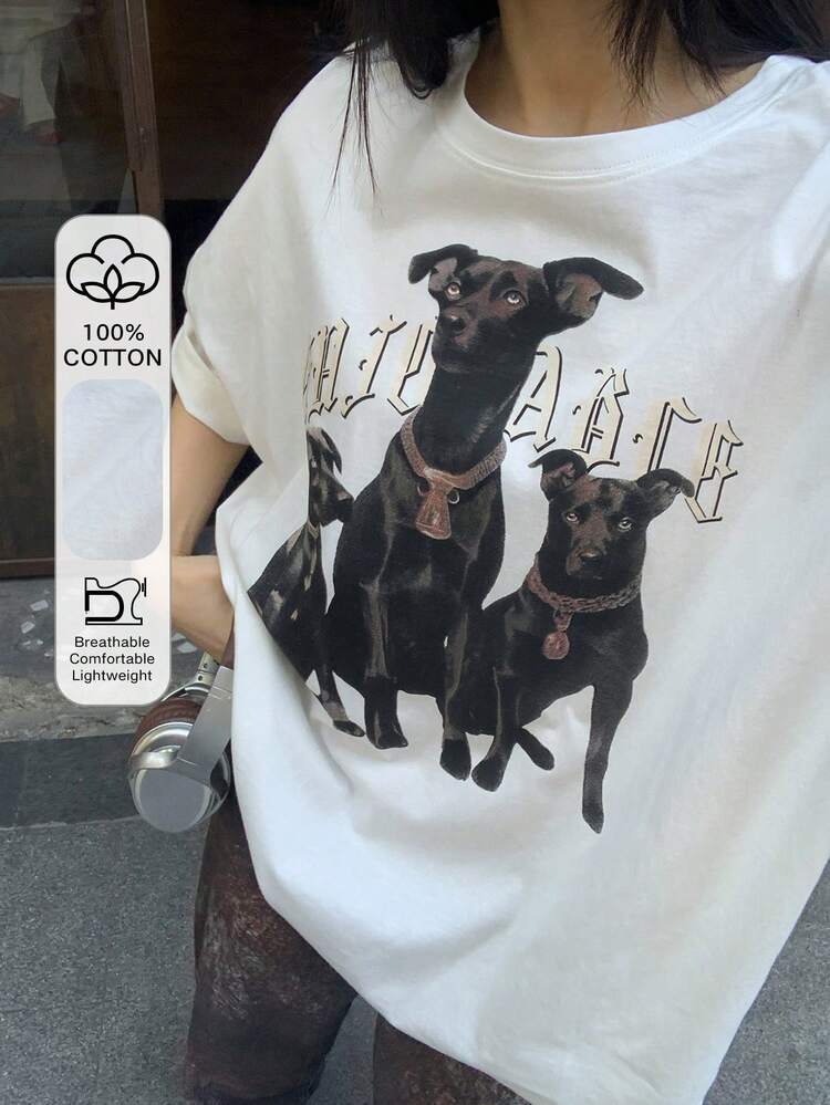 Women's Letter & Dog Print Round Neck Casual Loose T-Shirt