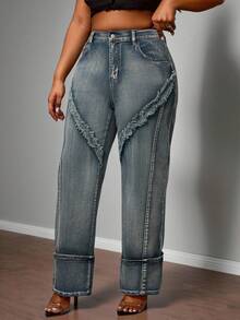 Truni Quần jeans nữ cỡ lớn cạp cao, khóa kéo, phối màu, ống thẳng, kiểu dáng thường ngày, có chun co giãn, phù hợp cho đi làm, công sở và những buổi hẹn hò thường ngày. - Màu xanh lam - Xem 4