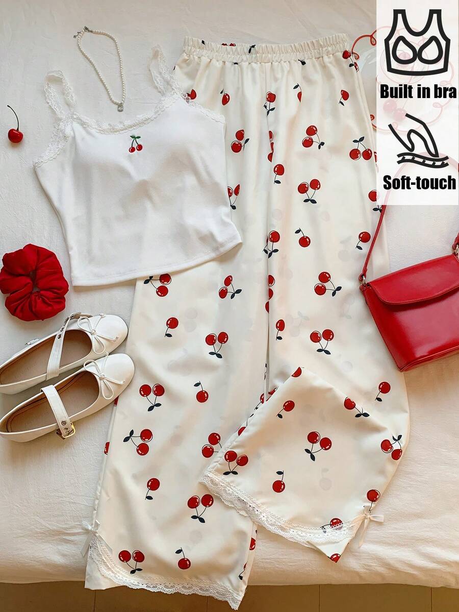 Comfortcana 两件套女士休闲蕾丝边吊带背心和蓝白条纹裤，返校季 - 彩色 - 查看 1