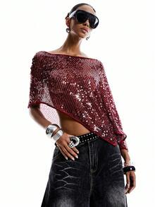 LYSMO Áo sequin bất đối xứng gợi cảm, phong cách tối giản, thời trang nữ Xuân/Hè 2026 mới về / Mùa hè / Mùa hè cho nữ / Mùa xuân cho nữ / Ngày lễ tình nhân / Valentine cho nữ / Valentine / Ngày lễ tình nhân / Sinh nhật cho nữ / Áo đi chơi - Màu đỏ tím - Xem 8