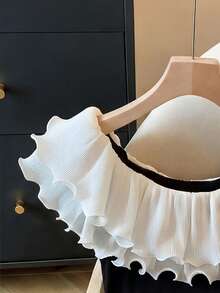 GlowEve Áo thun nữ tay ngắn trễ vai phối màu tương phản, kiểu dáng thời trang mới, thanh lịch với viền bèo nhún, thích hợp cho mùa hè. - màu đen - Xem 6