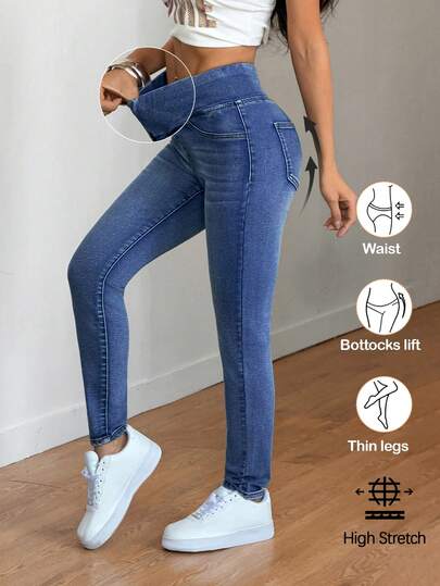 SHEIN PETITE Summer Women's Elastic Waist High-Stretch Comfortable Pre-Washed Denim Fabric Women's Gym Clothes Casual Outfit For Women Skinny Casual Jeans