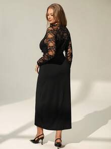 Auralis Plus Size Elegant Black Autumn Lace Patchwork Midi Dress For Women,Formal Evening Ceremony Long Sleeve Solid Color See Through Wedding Dress - Black - View 6