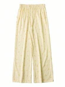 SHEIN Essnce Quần ống rộng cạp chun màu hồng kẻ sọc thắt nơ thời trang xuân hè cho nữ, phong cách thường ngày thoải mái, cơ bản, mát mẻ, dành cho phái mạnh, quần Y2K, quần rộng thùng thình, thời trang đường phố, quần áo dễ thương tôn dáng, quần mùa hè, quần suông, trang phục dự tiệc trưa cho nữ. - Vàng nhạt - Xem 3