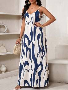SHEIN Lady 女士全印花休闲度假约会长款吊带裙 - 藍白色 - 查看 5