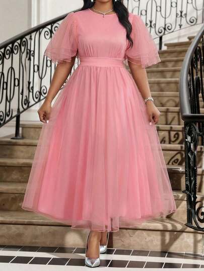 Fleurora Plus Size Solid Color Round Neck Raglan Sleeve Mesh Waist Elegant Dress