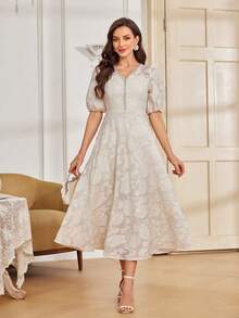 Modelyn 女士V领珍珠装饰泡泡袖提花杏色连衣裙 - 杏色 - 查看 3