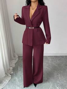 SHEIN Raffinéa 女士纯色西装套装，时尚通勤女装套装，女士两件套，正式女装套装，商务女装两件套，女士服装套装，商务休闲女装两件套，女士两件套套装，正式舞会女装套装，女士套装，商务女装裤装 - 玫紅色 - 查看 3