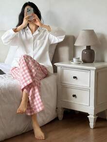 DAZY 纯色宽松上衣和格子睡裤女士睡衣套装 - 白色 - 查看 4