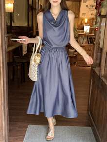 DAZY Women's Tencel Denim Draped Neck Elastic Ruched Waist Sleeveless Denim Dress - Blue - View 9