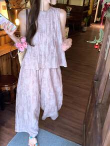 DAZY 2pcs Women's Vintage Distressed Dual-Tone Linen Texture Casual Outfit Set Lounge Sets For Women Summer - Pink - View 5