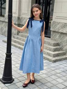 Firerie Kids 少女撞色蝴蝶结腰带连衣裙，休闲优雅时尚百搭，适合日常穿着、典礼、派对等场合，新款女童连衣裙 - 淺藍色 - 查看 4