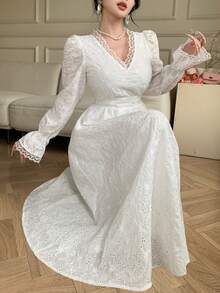 DAZY Women's Elegant Lace Patchwork V-Neck Puff Sleeve Dress, Spring/Summer - Beige - View 2