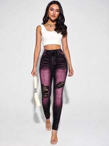 EMERY ROSE Jeans ajustados informales con bolsillo de color contrastante y desgastados - Negro - Ver 3