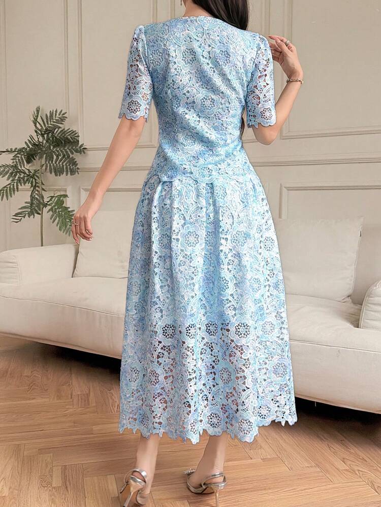 Women's Elegant Floral Lace Round Neck Pocket Shirt & Skirt 2 Pieces Set, Summer