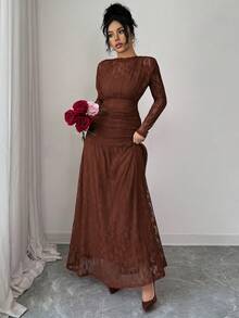 Elenzga 秋冬季女士交叉蕾丝荷叶边修身连衣裙，适合外出、约会、主题派对、庆祝活动等多种场合。 - 棕色 - 查看 6