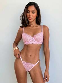 Aloruh Leaf Embroidery Sheer Mesh Underwire Lingerie Set - Pink - View 6