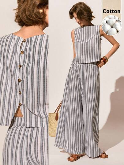 Poéselle Women's Cotton 2ps Striped Cotton-Blend Two-Piece Set – Sleeveless Button-Back Crop Top & High-Waist Wide-Leg Pants Striped Co-Ord Set, Cotton Two Piece Set, Wide Leg Pants Outfit, Summer Matching Set, Coastal Chic Style, Beach Vacation Outfit, Relaxed Resort Wear, Button Back Top Casual Vacation Style Everyday Commute Contrast Stripe Print Button Back Sleeveless Top And Wide Leg Pants Set, Spring/Summer/Autumn