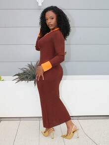 Steph T 女士时尚性感纽扣半开襟修身毛衣裙 - 咖啡棕 - 查看 5