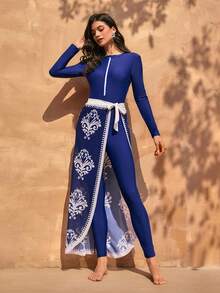 Swim Mulvari Spring/Summer Hot Selling Beach Vacation Casual Zip-Front Jumpsuit + Elastic Waist Pants + Print Mesh Coverup 3 Pieces Set - Multicolor - View 4