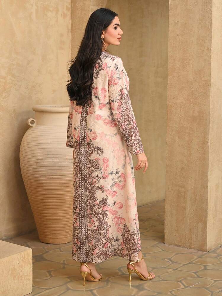 Floral Jacquard Fabric Loose Long V-Neck Long Sleeve Elegant Resort Dress For Women, Spring/Autumn Dress Sundress