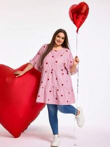 SHEIN CURVE+ 加大码女装春夏休闲条纹爱心图案灯笼袖复古衬衫波西米亚风度假风，情人节娃娃衬衫 - 彩色 - 查看 6