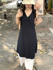 DAZY 女士格子V领无袖中长连衣裙 - 黑色 - 查看 7