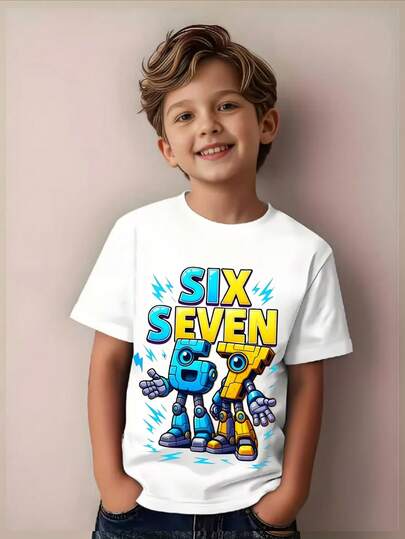 SHEIN Streecool Kids Tween Boys Casual Fashion Comfortable Versatile Creative Funny Letter Blue & Yellow Lightning Robot Personified Digit "67" Letter Pattern All-Match Short Sleeve T-Shirt White Top Outerwear