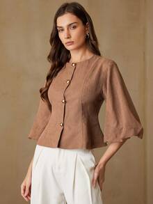 Aveloria Rosie Fashionable Design Sense Casual Mandarin Collar Puff Sleeve Vest Jacket - Brown - View 1