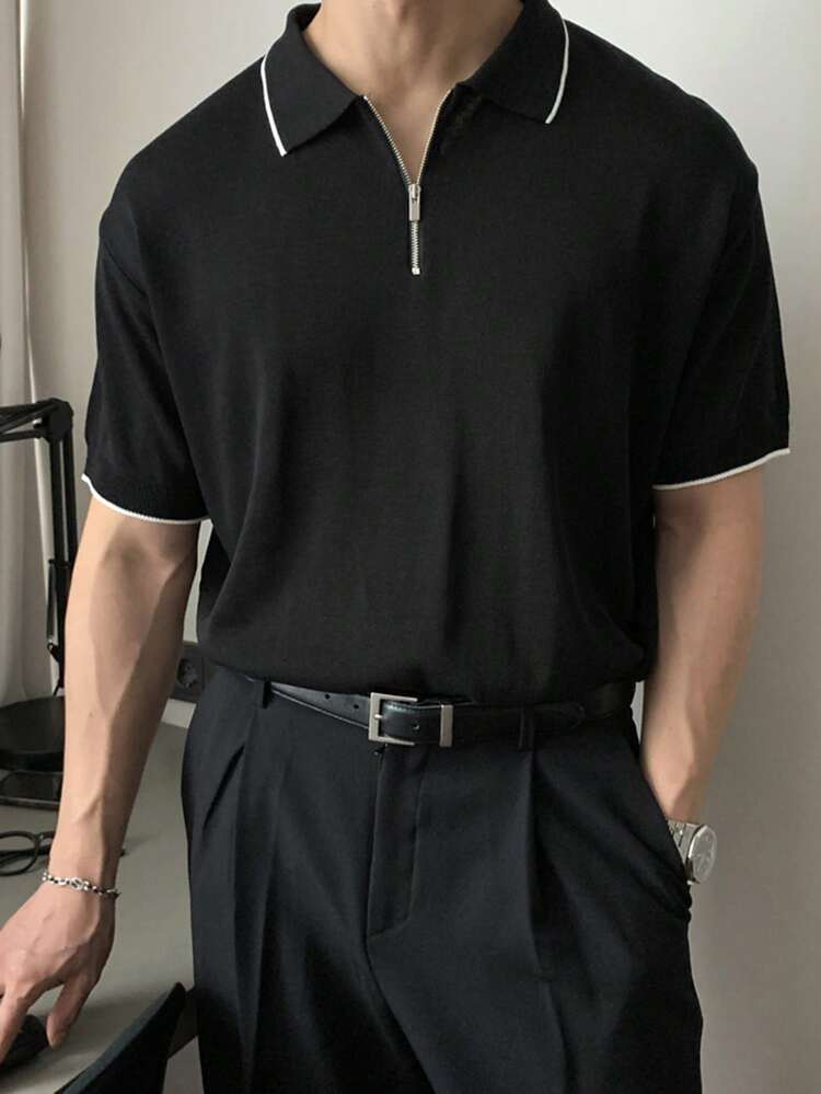 Men's 3/4 Zip Collar Black Knit Pullover Top, Summer