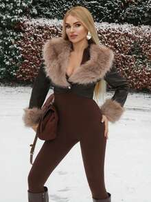 Elenary Edit Kunstfell Kragen Patchwork Kurze Lederjacke, Herbst/Winter - Schokoladenbraun - Übersicht 3