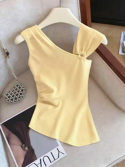 GlowEve Chic & Sweet Cold-Shoulder Asymmetrical Ruched Fitted Knit Sleeveless Top, Women Spring/Summer