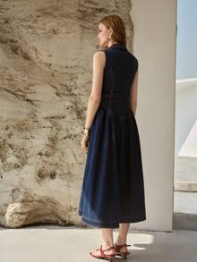 MOTF PREMIUM WOMEN'S SLEEVELESS SIMPLE ELEGANT BUCKLE BELTED DENIM DRESS, SPRING/SUMMER - Blue - View 3