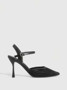 CUCCOO SZL Women's Pointed Toe High Heel Black Rhinestone Mesh Fashionable Sexy Party Wedding Ankle Strap Pumps Spring Shoes - Black - View 4