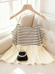 GlowEve Women's Summer Casual Vacation Commute Contrast Stripe Print Drawstring Ruffle Hem Camisole - Black and White - View 1